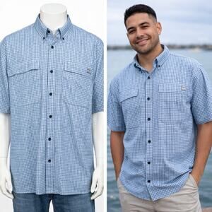 Huk Shirt Men's 2XL Grey Plaid Tide Point Performance Fishing Vented Outdoors